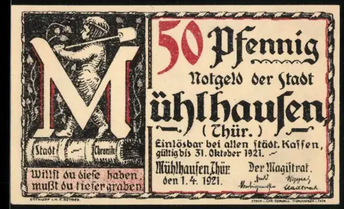 Notgeld Mühlhausen /Thür. 1921, 50 Pfennig, Bergmann mit Hammer und Bach-Dokumentenmotiv