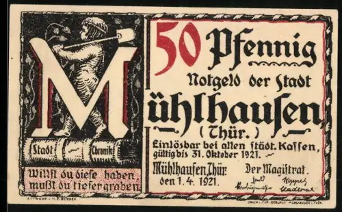 Notgeld Mühlhausen /Thür. 1921, 50 Pfennig, Bergmann und Handschrift von Luther