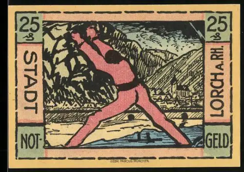 Notgeld Lorch a. Rh. 1921, 25 Pfennig, Arbeiter mit Hammer und Siegelmotiv