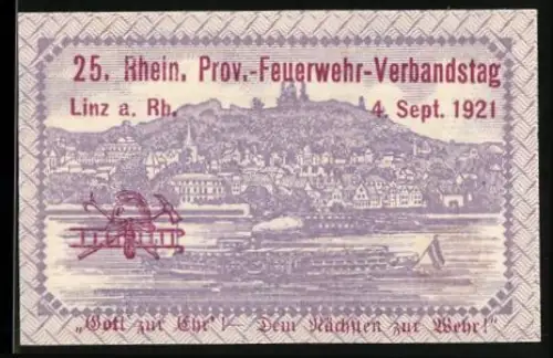 Notgeld Linz a. Rh. 1921, 25 Pfennig, Ortsansicht mit Dampfschiff und Feuerwehrsymbol, Wappen vorhanden