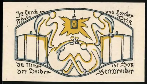 Notgeld Lorch am Rhein 1920, 50 Pf, Menschen um Tisch, Reiter mit Wappen