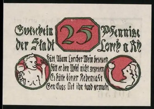 Notgeld Lorch a. Rh. 1920, 25 Pfennig, Bacchus-Motiv und Reiterwappen