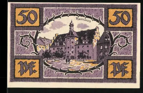 Notgeld Merseburg 1921, 50 Pf, Rathaus und Rabe auf Schlüssel