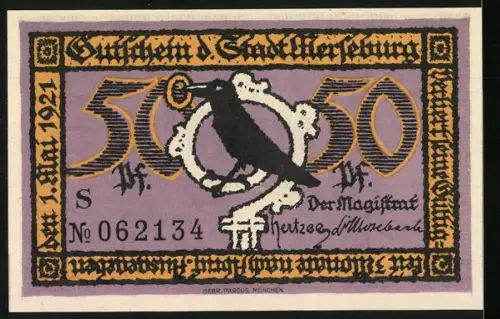 Notgeld Merseburg 1921, 50 Pf, Rathaus und Rabe auf Schlüssel