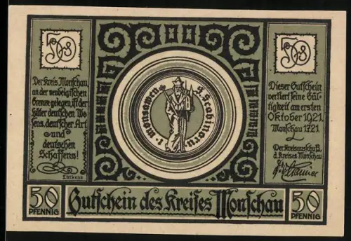 Notgeld Monschau 1921, 50 Pfennig, Kreiswappen und Landkarte mit belgischer Grenze