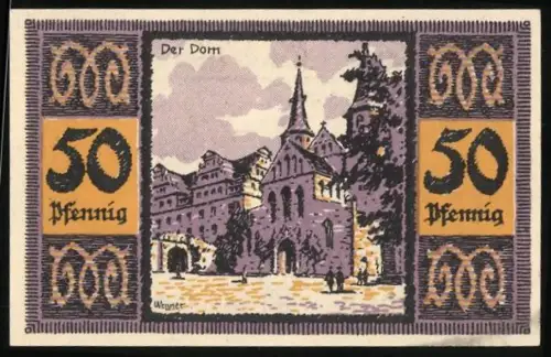 Notgeld Merseburg 1921, 50 Pfennig, Dom und Rabe auf einem Ring