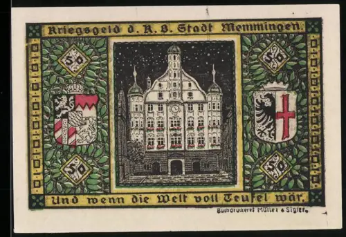 Notgeld Memmingen 1919, 50 Pfennig, Rathaus und lächelnder Mond im Sternenhimmel