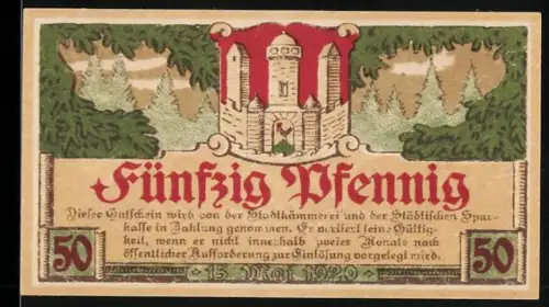 Notgeld Meiningen 1920, 50 Pfennig, Wappen mit Burg und Gebäudeansicht mit Kranz