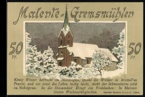 Notgeld Malente-Gremsmühlen 1921, 50 Pf, verschneite Kirche und Fachwerkhaus im Winter