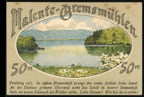 Notgeld Malente-Gremsmühlen 1921, 50 Pf, Landschaft mit See und Fischerhütte am Dieksee