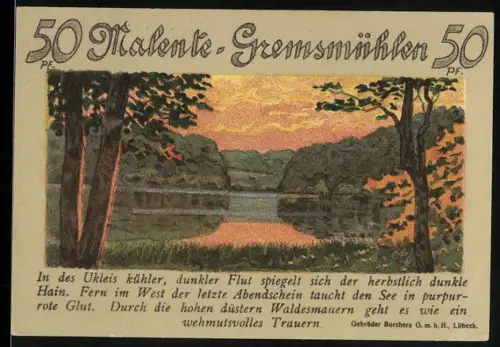 Notgeld Malente-Gremsmühlen 1921, 50 Pf, Waldsee in herbstlichen Farben mit Abendhimmel