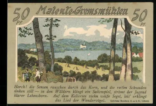 Notgeld Malente-Gremsmühlen 1921, 50 Pf, Landschaft mit Segelboot und Blick auf Hügel und See
