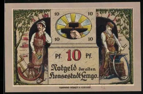Notgeld Lemgo 1921, 10 Pfennig, Schmiedemotiv und Stadtwappen