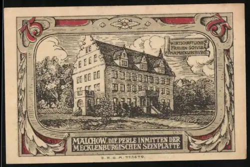 Notgeld Malchow i. M., 75 Pfennig, Frauen-Schule und Stadtwappen