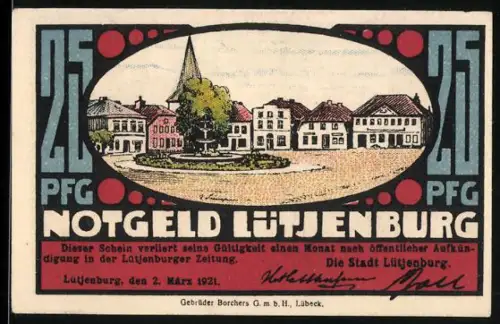 Notgeld Lütjenburg 1921, 25 Pfennig, Ortsansicht und Turmgebäude mit Landschaft