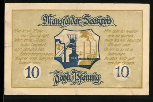 Notgeld Mansfeld, 10 Pfennig, Bergbau-Silhouette und Landschaftsszene