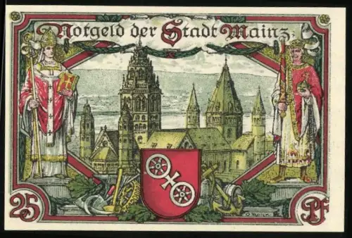 Notgeld Mainz 1921, 25 Pfennig, Ortsansicht und Wappen mit Figuren