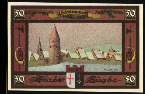 Notgeld Lügde 1921, 50 Pfennig, Stadtmauer und Stadtwappen