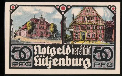 Notgeld Lütjenburg 1921, 50 Pfennig, historische Gebäude und Stadtkirche