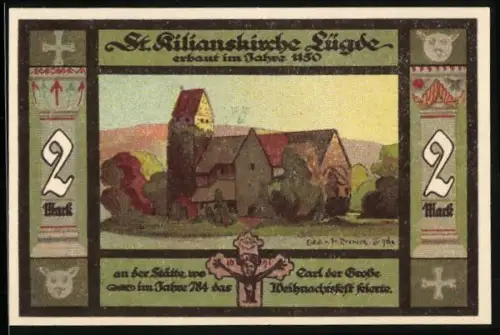 Notgeld Lügde 1921, 2 Mark, St. Kilian-Kirche und Wappen von Lügde