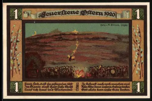 Notgeld Lügde 1920, 1 Mark, Feuerszene mit Menschenmenge und Getreidebündel mit Rad und Spruchband