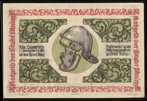 Notgeld Mainz 1921, 25 Pfennig, römischer Legionärshelm und Mainzer Wappen