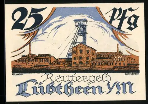 Notgeld Lübtheen i. M. 1922, 25 Pfennig, Bergwerk und Postkutsche, Wappen