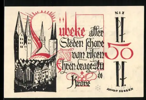 Notgeld Lübeck 1921, 50 Pf, Kirchen und Wappenadler mit Stadtwappen