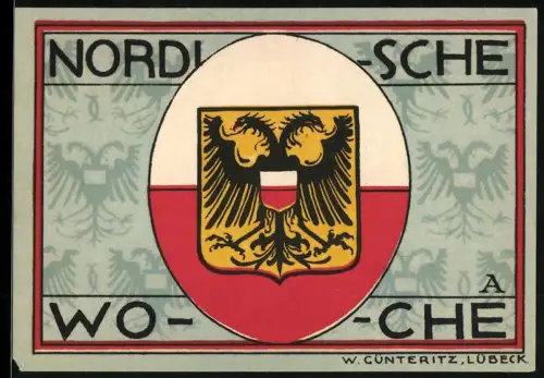 Notgeld Lübeck 1921, 50 Pf., Doppelkoppadler und Ortsansicht mit Türmen