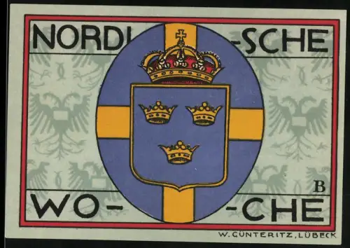 Notgeld Lübeck 1921, 50 Pf., Wappen und Stadtsilhouette mit Kirche