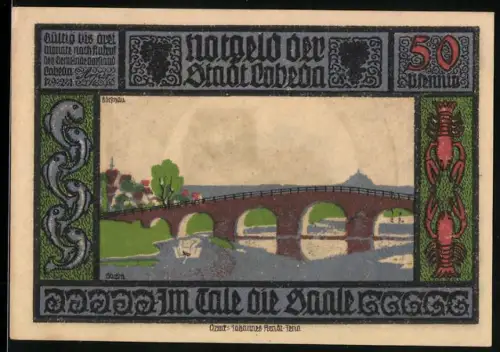 Notgeld Lobeda /Saale 1921, 50 Pfennig, Brücke und Ruine mit Ritter und Figuren