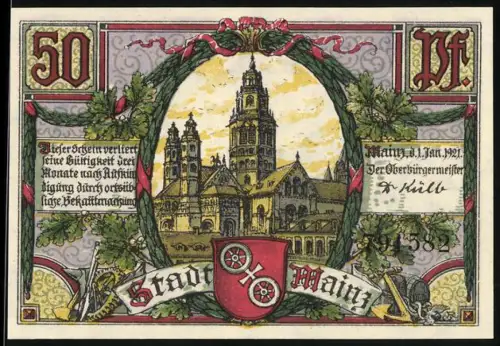 Notgeld Mainz 1921, 50 Pf, Dom und Marktbrunnen mit Wappen und Denkmälern