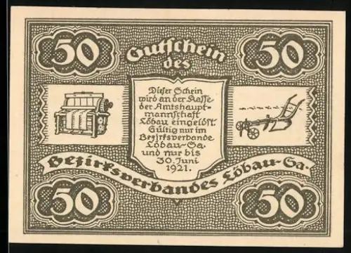 Notgeld Löbau 1921, 50 Pfennig, Turm und landwirtschaftliche Motive