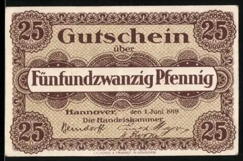 Notgeld Hannover 1919, 25 Pfennig, Gutschein der Handelskammer mit Zierrahmen