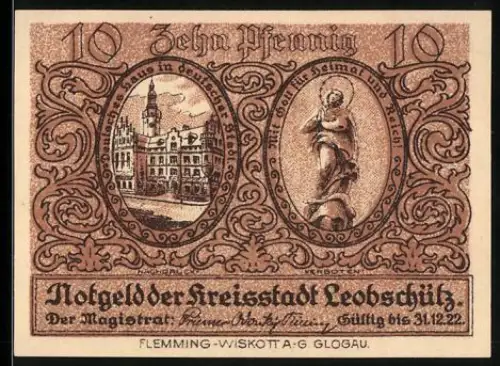 Notgeld Leobschütz 1922, 10 Pfennig, Rathaus und Statue mit Spruchband