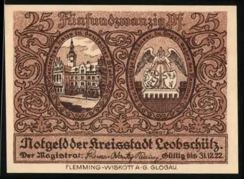 Notgeld Leobschütz, 25 Pf, Ortsansicht und Szene mit Frauen, die Eindringlinge vertreiben