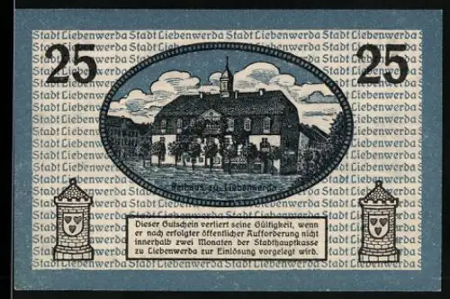 Notgeld Liebenwerda, 25 Pfennig, Rathausansicht und Wappen