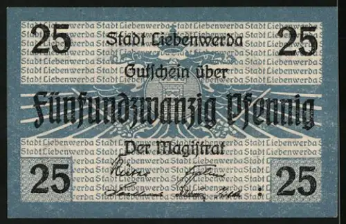Notgeld Liebenwerda, 25 Pfennig, Rathausansicht und Wappen