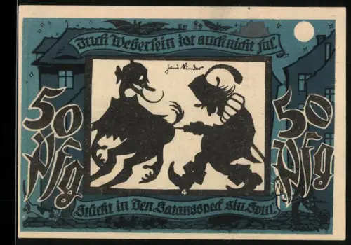 Notgeld Lichtenstein 1921, 50 Pf, tanzende Ziegen und Industrieszene mit Hammer und Schlägel