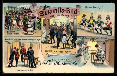 AK Gruss von der Musterung, Zukunft der Cavallerie, Zur Frauenbewegung, Jagd auf Böcke