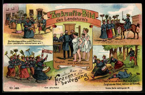 Lithographie Zukunftsbild des Landsturms, Tauglich zum Landsturm, Frauen mit Besen bewaffnet