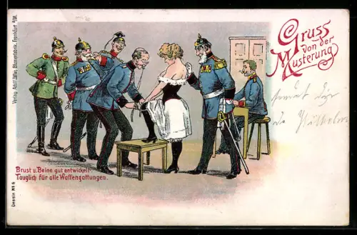 AK Gruss von der Musterung, Offiziere begutachten eine leicht bekleidete Frau