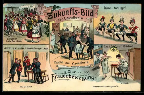 AK Gruss von der Musterung, Zukunft der Cavallerie, Zur Frauenbewegung, Jagd auf Böcke