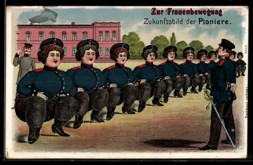 Lithographie Gruss von der Musterung, Zukunftsbild der Pioniere, Zur Frauenbewegung