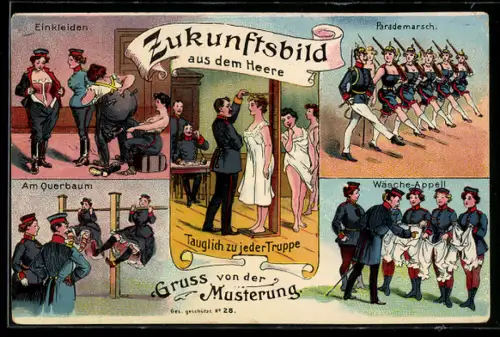 AK Zukunftsbild aus dem Heere, Frauen bei der Musterung, beim Enkleiden und der Ausbildung