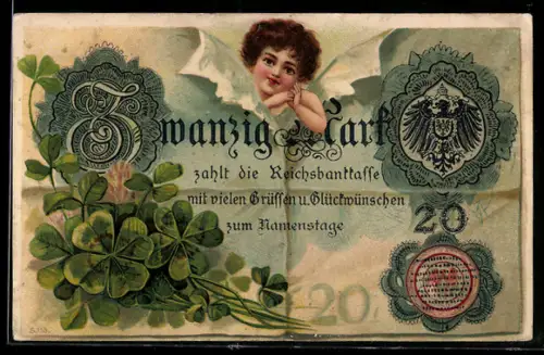 AK Reichsbanknote über 20 Mark, Kleeblätter, Geld