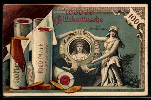 AK Geburtstag, Geldstücke in versiegelten Rollen, Frauenportrait, geknickter Geldschein