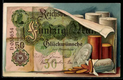AK Reichsbanknote über 50 Mark, Glückwunsch zum Geburtstag, Münzrollen, Geld
