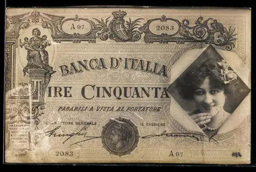 AK Geldschein über 50 italienische Lire, Frauenportrait