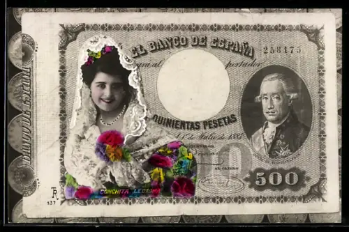 AK Geldschein über 500 spanische Peseten, Frauenportrait